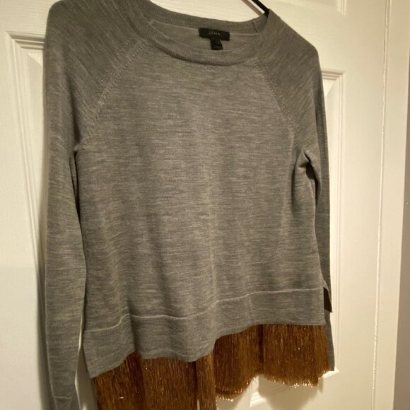 J. Crew Gray 100% Merino Wool Long Raglan Sleeve Pullover Metallic Hem Size XXS - Picture 2 of 8